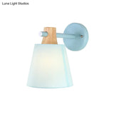 Blue/White/Yellow Macaron Fabric Conical Wall Light Fixture: Unique Sconce Design With Straight Arm