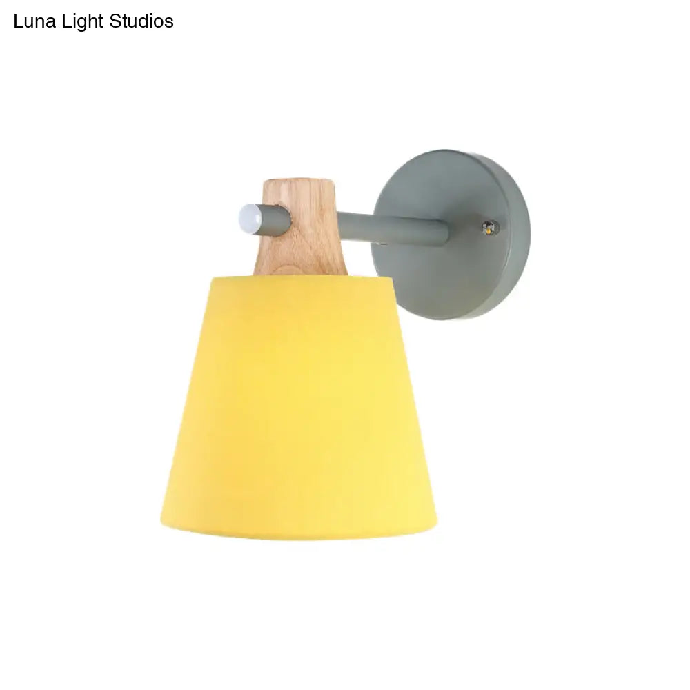 Blue/White/Yellow Macaron Fabric Conical Wall Light Fixture: Unique Sconce Design With Straight Arm