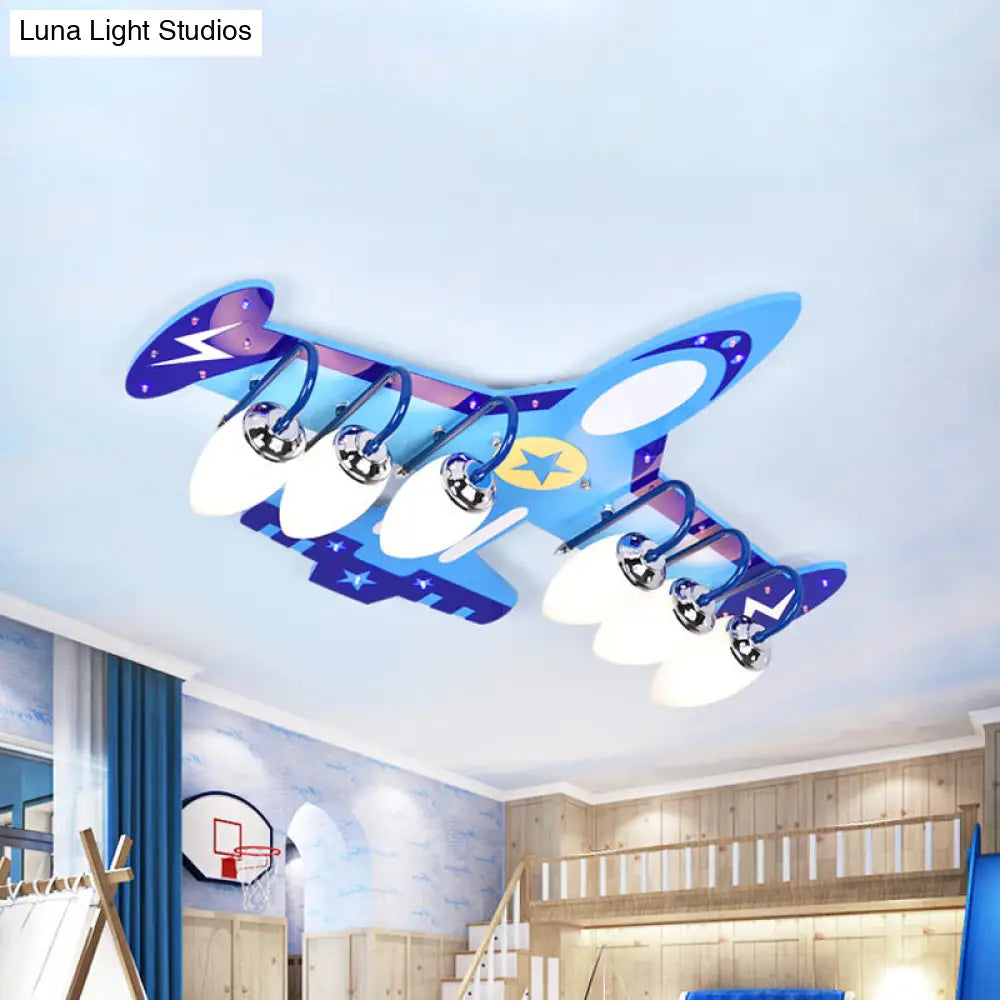 Blue Wood Jet Ceiling Light Fixture With 6 Cartoon Bulbs - Perfect For Child’s Room
