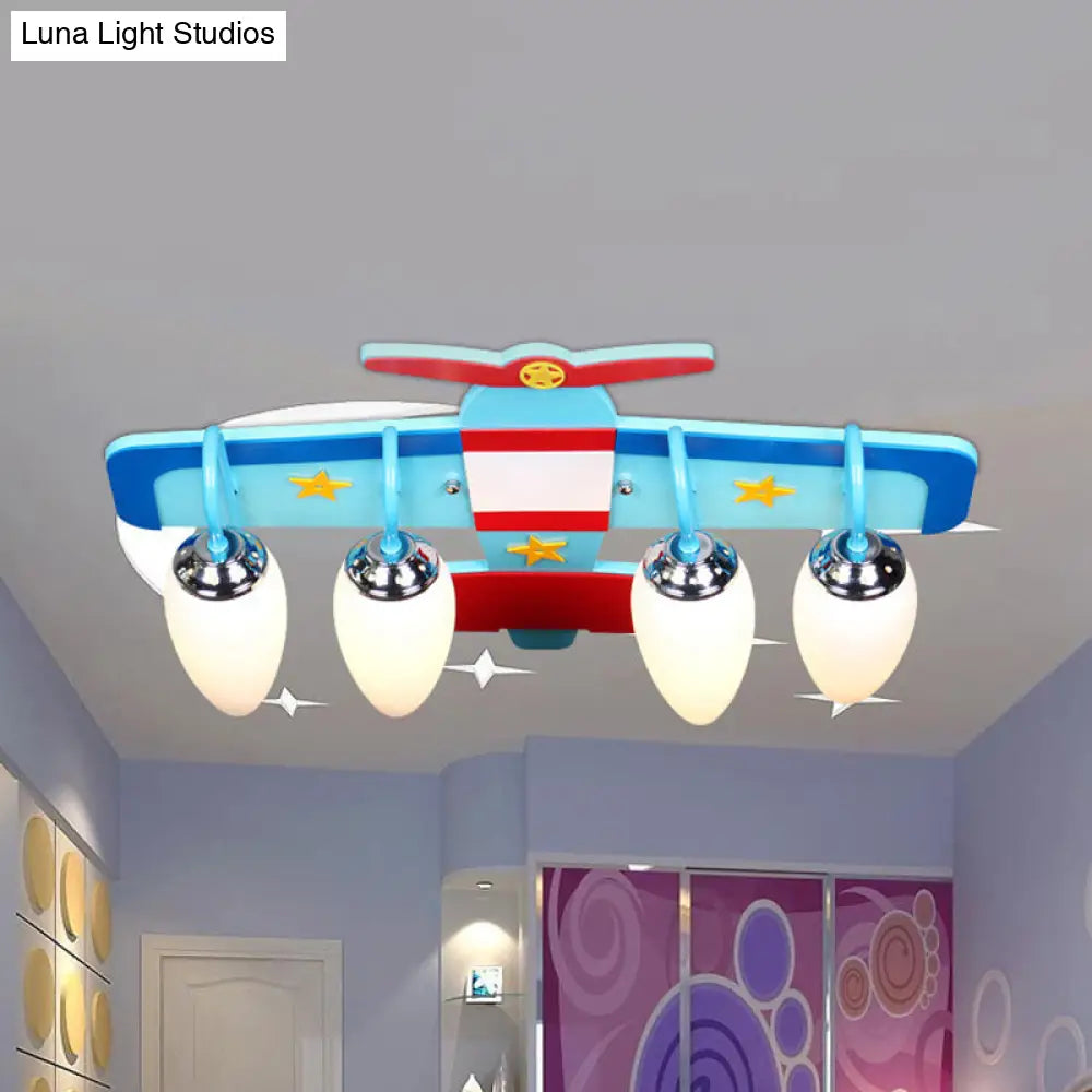Blue Wooden Propeller Plane Ceiling Lamp With 4 Cartoon Heads - Theme Park Flush Mount Light