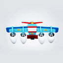 Blue Wooden Propeller Plane Ceiling Lamp With 4 Cartoon Heads - Theme Park Flush Mount Light