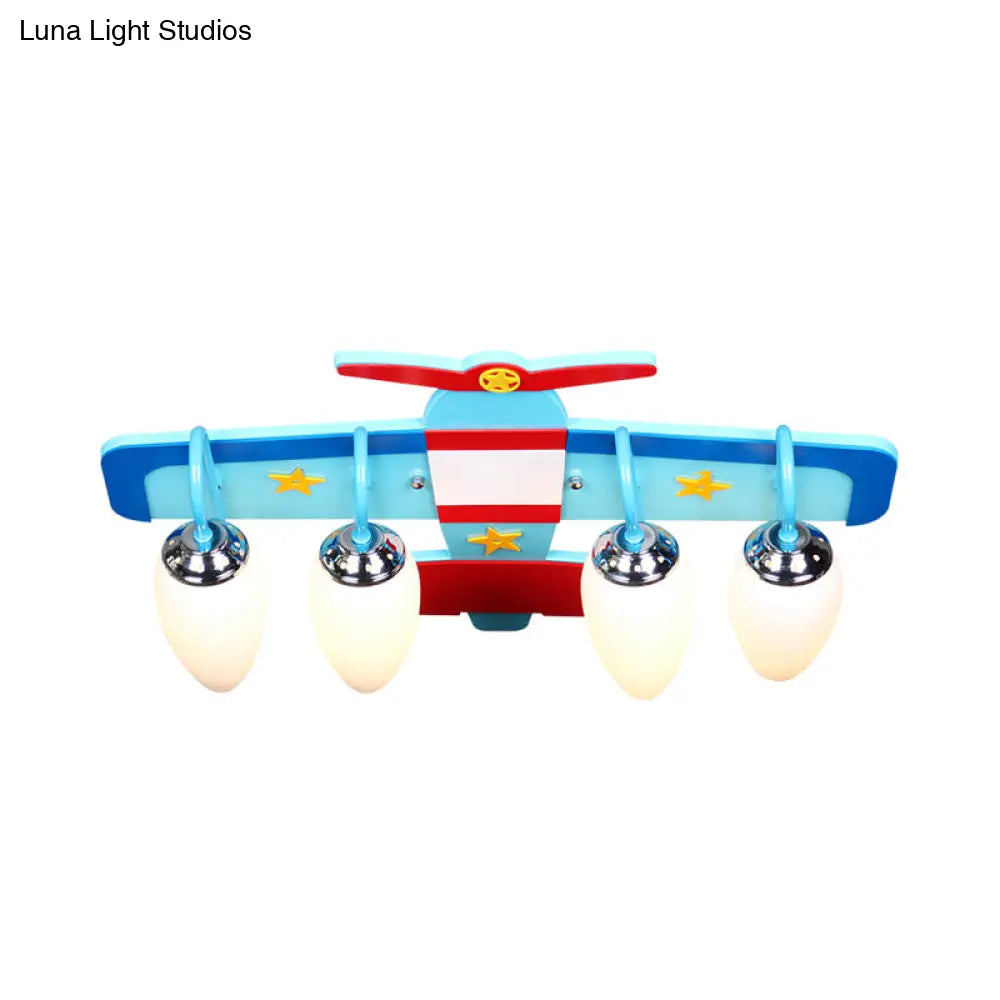 Blue Wooden Propeller Plane Ceiling Lamp With 4 Cartoon Heads - Theme Park Flush Mount Light