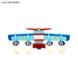 Blue Wooden Propeller Plane Ceiling Lamp With 4 Cartoon Heads - Theme Park Flush Mount Light
