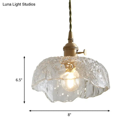 Bowl Shaped Clear Textured Glass Pendant Light With Floral Rim - Modern Brass Hanging Lamp