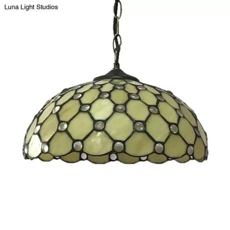 Brass 1-Head Tiffany Glass Pendant Light With Jewel - Multiple Sizes Available