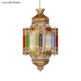 Brass 4-Head Art Deco Corridor Chandelier With Metallic Castle Suspension
