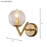 Brass Ball Sconce Light With Ribbed Glass Shade - Simple Wall Mount Lamp