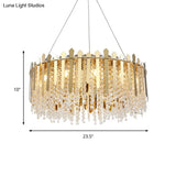 Brass Chandelier Light - 6-Light Living Room Hanging Kit With Drum Crystal Strand Shade