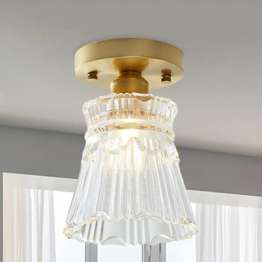Brass Cone Ceiling Light: Industrial Semi Flush Mount With Clear Textured Glass For Living Room / B