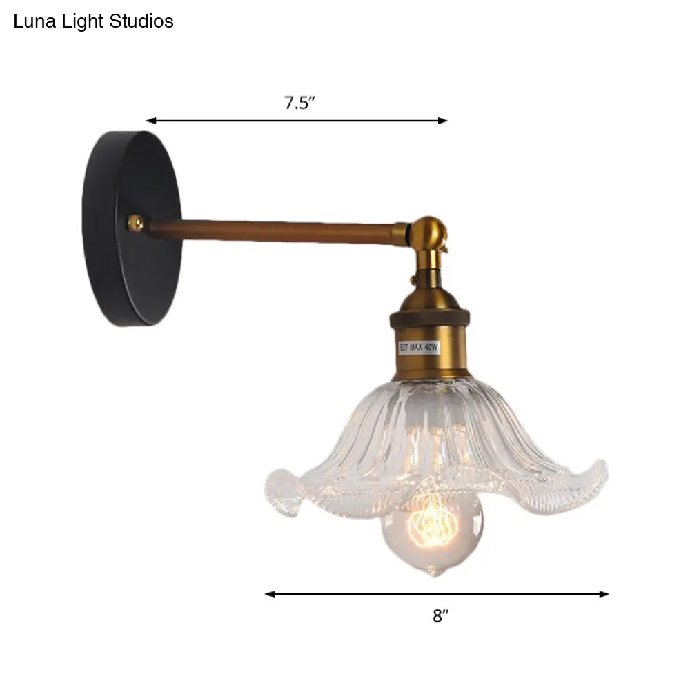 Brass Cone Wall Sconce With Clear Ribbed Glass - Industrial Living Room Lighting Fixture For Dining