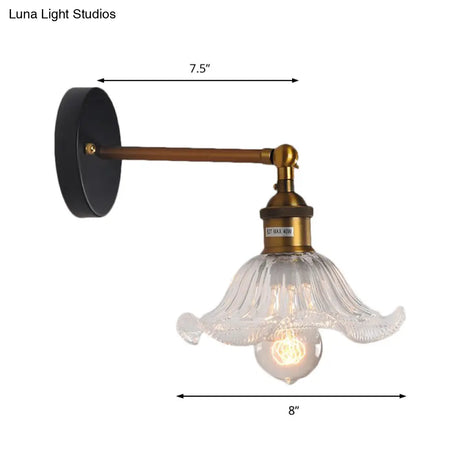 Brass Cone Wall Sconce With Clear Ribbed Glass - Industrial Living Room Lighting Fixture For Dining