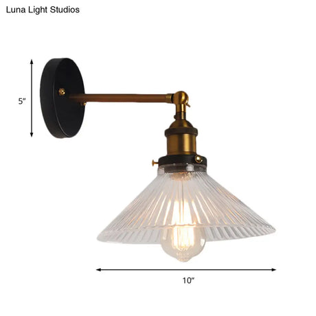 Brass Cone Wall Sconce With Clear Ribbed Glass - Industrial Living Room Lighting Fixture For Dining