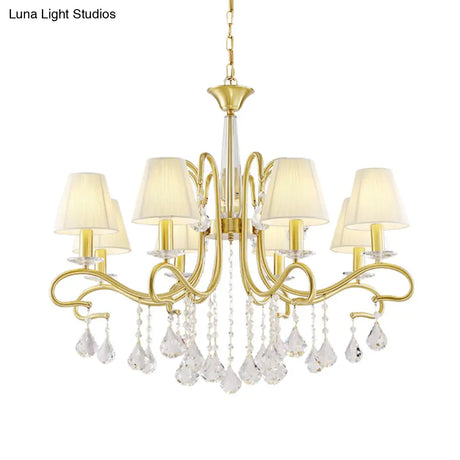 Brass Crystal Ceiling Chandelier - Country Style Swirl Arm Pendant Light With Cone Fabric Shade