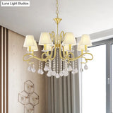 Brass Crystal Ceiling Chandelier - Country Style Swirl Arm Pendant Light With Cone Fabric Shade