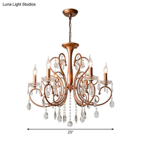 Brass Crystal Curvy Chandelier Lamp With Countryside Charm - 3/6/8 Lights