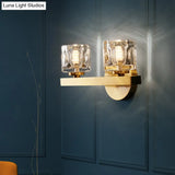Brass Cylinder Sconce With Clear Crystal Block For Modern Living Room Lighting