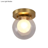 Brass Dual Orb Ceiling Flush Mount Fixture With Clear And Opal Glass