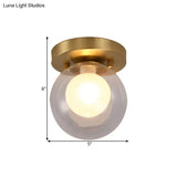 Brass Dual Orb Ceiling Flush Mount Fixture With Clear And Opal Glass