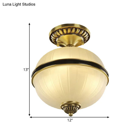 Brass Ellipsoid Semi-Flush Farmhouse Ceiling Light With Ribbed Opal Glass - Available In 4/6 Heads