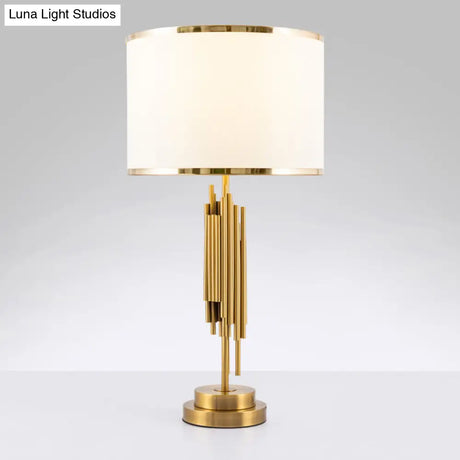 Brass Fabric Drum Nightstand Lamp - Simplistic 1 Bulb Lighting For Living Room Tables