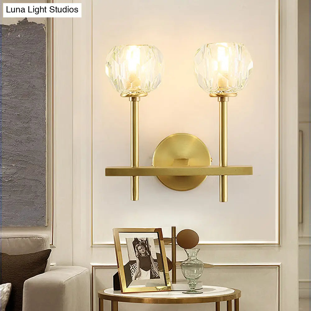 Brass Faceted Sconce With Crystal Shade - Minimalist Wall Mounted Light Fixture