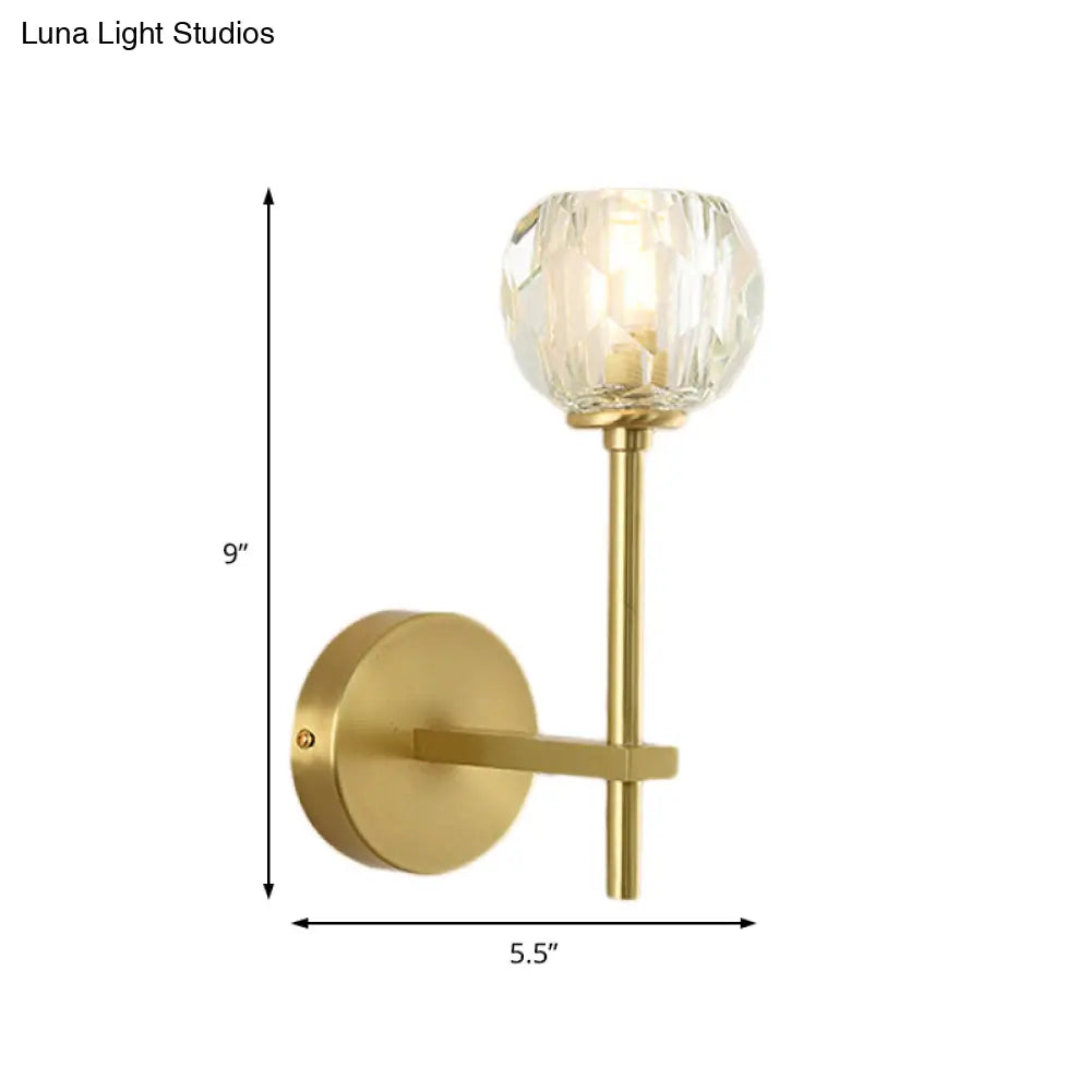 Brass Faceted Sconce With Crystal Shade - Minimalist Wall Mounted Light Fixture