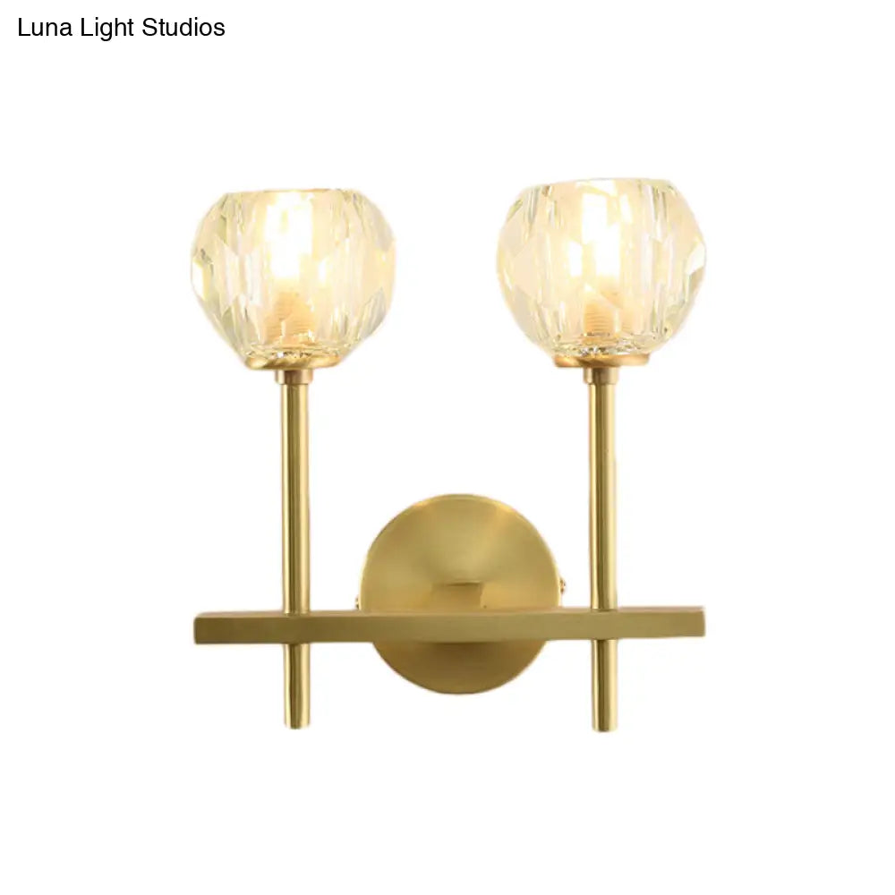 Brass Faceted Sconce With Crystal Shade - Minimalist Wall Mounted Light Fixture