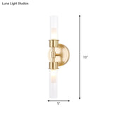 Brass Finish Double Cylinder Wall Sconce - Clear Glass 2 Lights