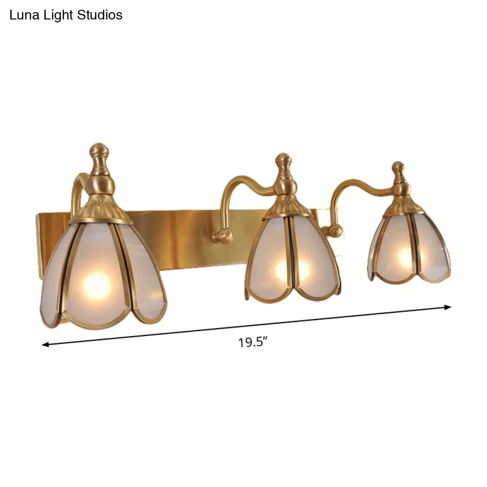 Brass Flower Wall Sconce With Frosted Opal Glass - 1/2/3 Lights Rural Bathroom Vanity Lighting