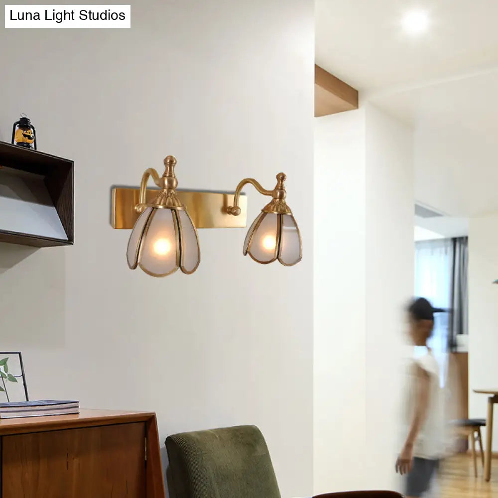 Brass Flower Wall Sconce With Frosted Opal Glass - 1/2/3 Lights Rural Bathroom Vanity Lighting