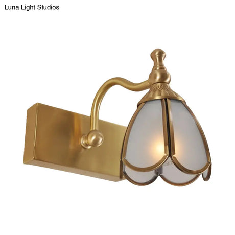 Brass Flower Wall Sconce With Frosted Opal Glass - 1/2/3 Lights Rural Bathroom Vanity Lighting