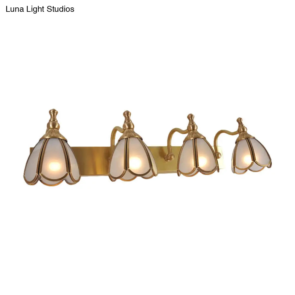 Brass Flower Wall Sconce With Frosted Opal Glass - 1/2/3 Lights Rural Bathroom Vanity Lighting