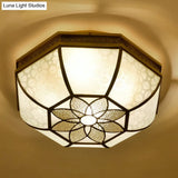 Brass Flush Mount Ceiling Light With Beveled Opaque Glass - 4 Bulbs For Bedroom