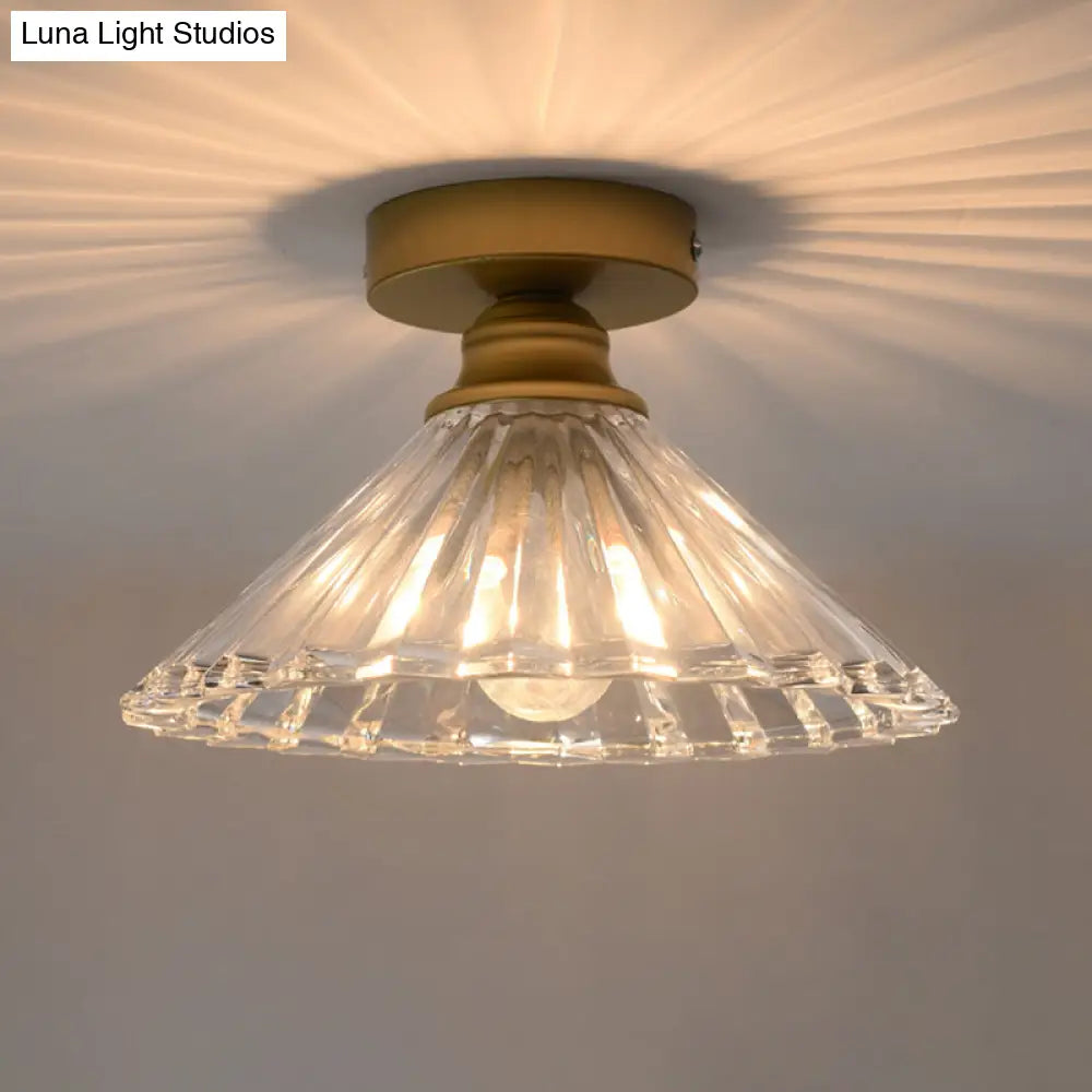 Brass Flush Mount Ceiling Light With Clear Ridged Glass - Traditional Tapered Single Head Lamp