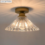 Brass Flush Mount Ceiling Light With Clear Ridged Glass - Traditional Tapered Single Head Lamp