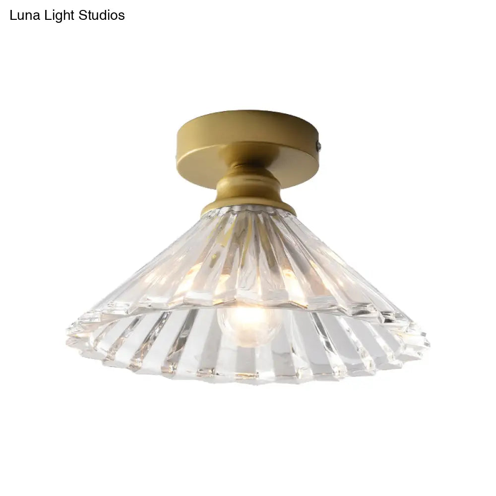 Brass Flush Mount Ceiling Light With Clear Ridged Glass - Traditional Tapered Single Head Lamp