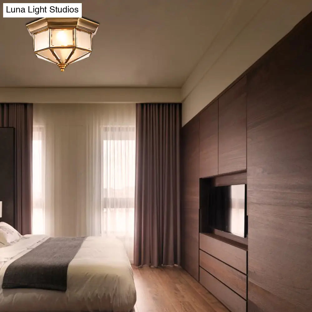 Brass Flush Mount Fixture With Curved Frosted Glass For Bedroom - 2 Lights