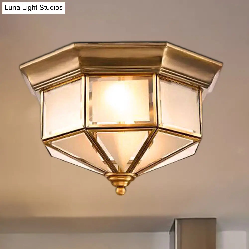 Brass Flush Mount Fixture With Curved Frosted Glass For Bedroom - 2 Lights