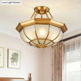 Brass Flush Mount Lamp With Frost Glass Dome – Classic Bedroom Ceiling Lighting Fixture