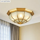 Brass Flush Mount Lamp With Frost Glass Dome – Classic Bedroom Ceiling Lighting Fixture
