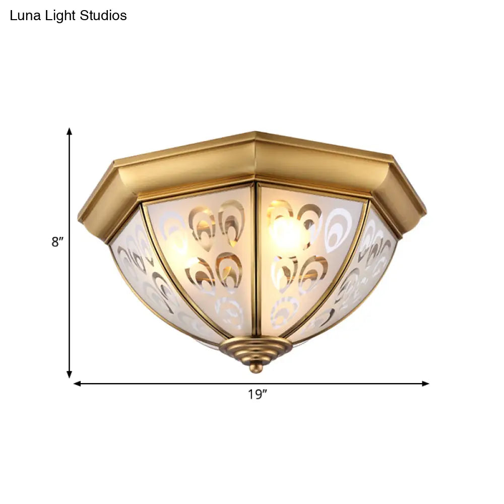 Brass Flush Mount Lamp With Sandblasted Glass Bowl - Colonial Style Ceiling Fixture For Study Room