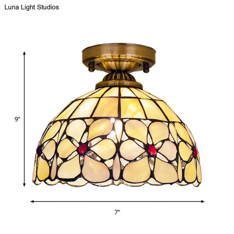 Brass Flushmount Lamp With Tiffany Flower Patterned Bowl Shell - Ceiling Light Fixture