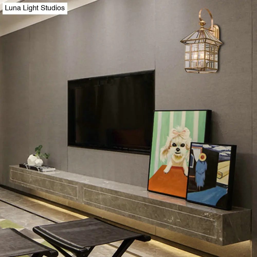 Brass Geometric Sconce: Traditional 3-Bulb Wall Lamp For Living Room