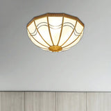 Brass Inverted Flush Ceiling Lamp With Milky Glass 4 Lights And Wave Pattern - Ideal For Bedrooms