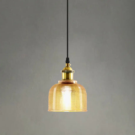 Brass Loft Style Single-Bulb Pendant Ceiling Light With Lattice Glass Bowl Design / Amber