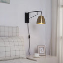 Brass Loft Style Wall Sconce With Metallic Barrel Shade - 1 Light Angle Arm Lighting For Bedroom