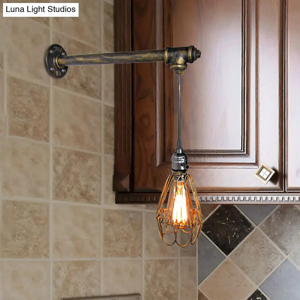 Brass Metal Caged Wall Sconce Lamp - Industrial Pipe Light For Restaurants 1 Bulb Mount