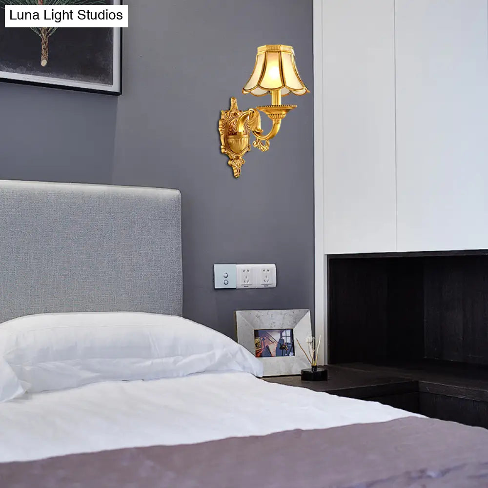 Brass Metal Wall Sconce Light Fixture For Living Room - Traditional Scalloped Design Half-Bulb Ideal