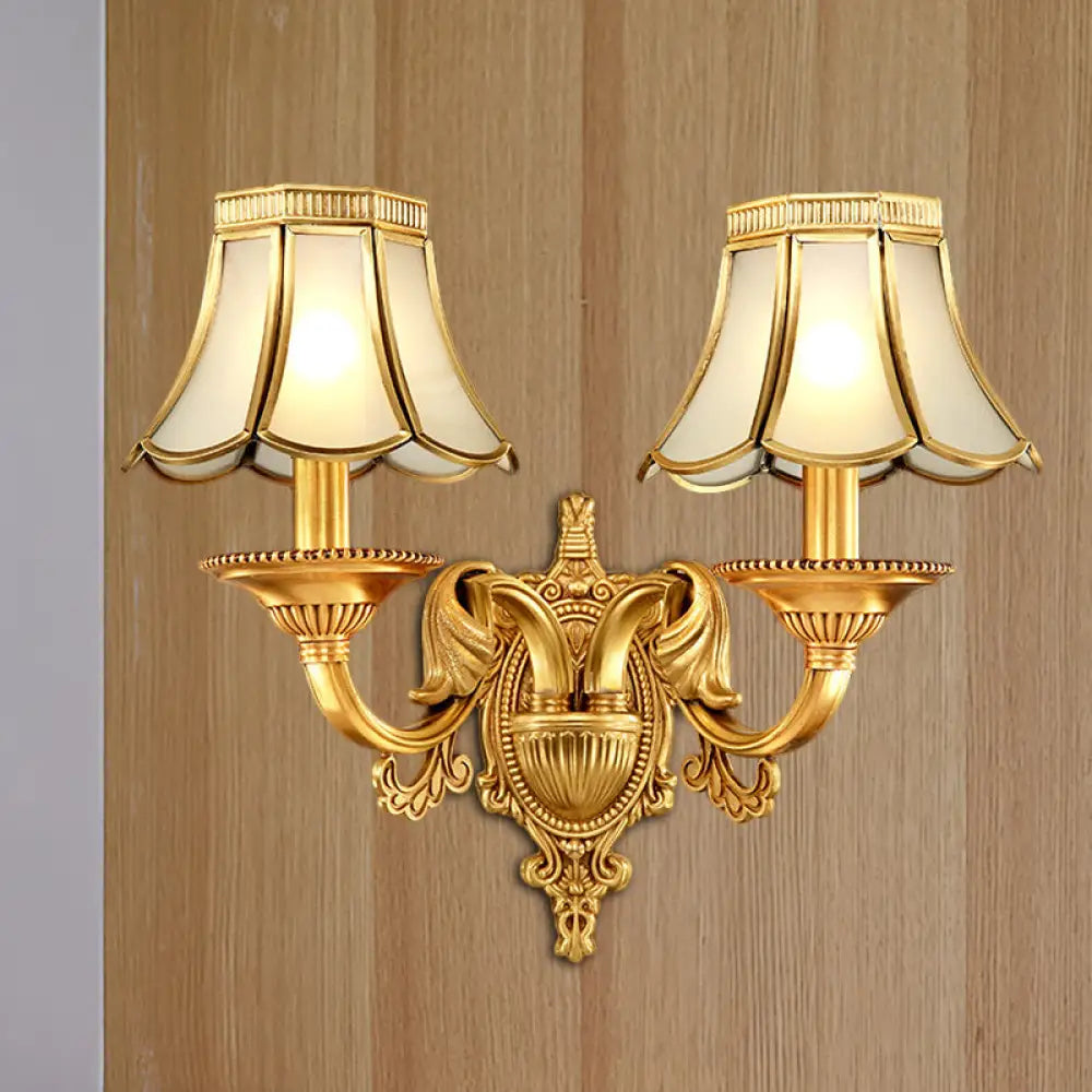Brass Metal Wall Sconce Light Fixture For Living Room - Traditional Scalloped Design Half-Bulb Ideal