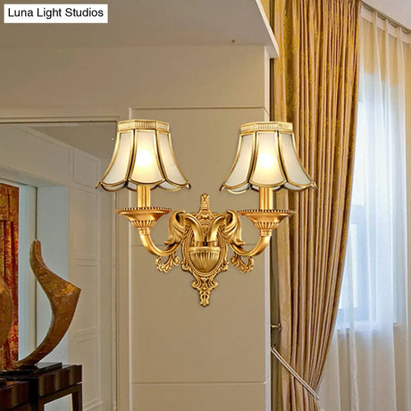 Brass Metal Wall Sconce Light Fixture For Living Room - Traditional Scalloped Design Half-Bulb Ideal